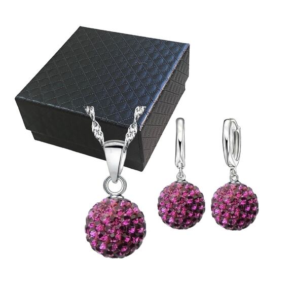 Silver Magenta Pink Crystal Rhinestone Disco Ball Necklace & Dangle Earrings Set - Picture 1 of 3